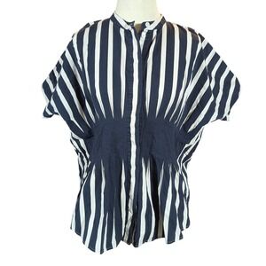 COS Blouse Women 4 Navy White Striped Pleated Waist Band Collar Short Sleeve